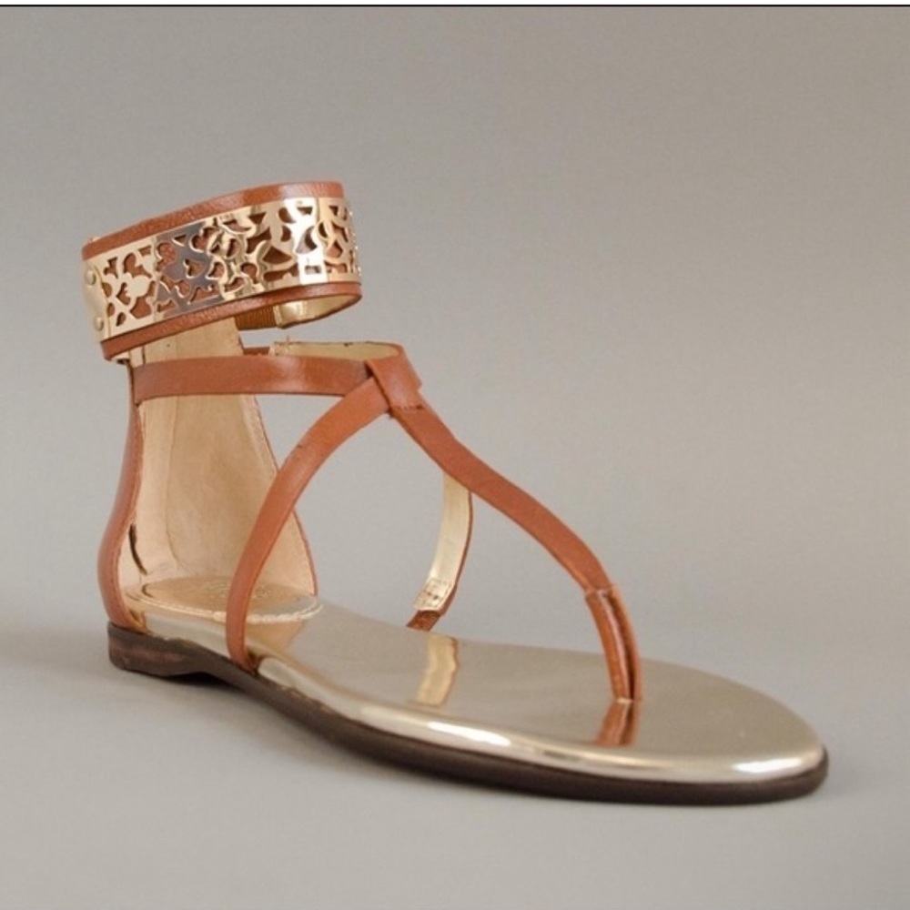 💛 Vince Camuto Brown and Gold Cutout Ankle-Strap T-Strap Sandals
